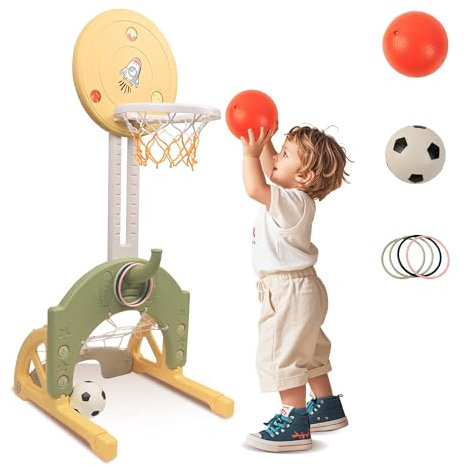hoopyosms Canestro Basket 4-in-1 per Bambini, Altezza Regolabile con Porta Calcio e Lancio Anelli, Mini Canestro Interno ed Esterno, Gioco Sportivo Multifunzione per Bambini(Verde)