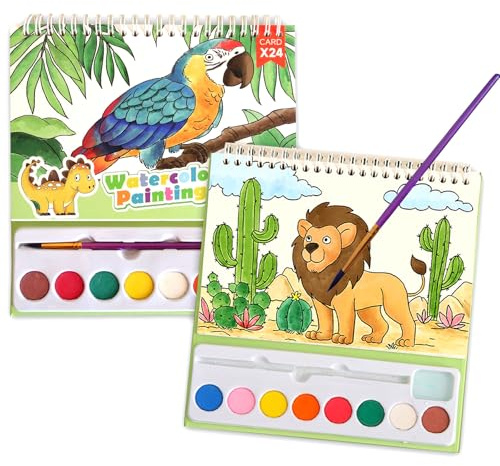 KAYSENSUK Malbuch mit Wasserfarben Mini Paint Pad Aquarell Malbuch Kinder zum Abreißen Aquarell Ausmalset mit Aquarellblock Pinsel, 24 Seiten Wasserfarben Malblock Wasserfarben Aquarell Ausmalbuch