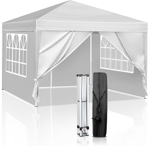 LEADZM 3x3m Tonnelle de Jardin Pliable Pop-up Barnum Blanc | Réglable en Hauteur, Imperméable,Protection UV 50+,avec 4 Côtés,Cadres en Acier,Convient pour la Fête, l'extérieur,Patio