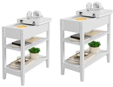 White Narrow Bedside Table with Storage Shelf for Living Room Bedroom Office 60x30x60 cm