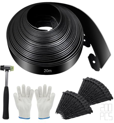 SDLDEER Borde de jardín para césped, 20 m de largo x 5 cm de alto, borde de plástico flexible para jardín con 200 clavijas, borde de césped para borde de cama de flores, césped y caminos