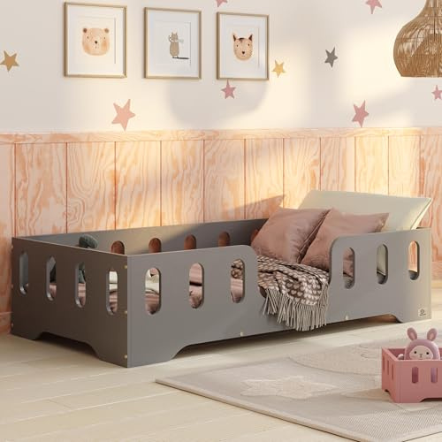 smartwood Cama Infantil 90x190 Gris - Cama Montessori de Madera Certificada FSC, con Barandilla de Protección y Somier Resistente hasta 230 kg - para Niño y Niña - Montaje Fácil - TILA 2