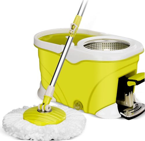 Juego de trapeador Giratorio y balde con escurridor, Sistema de balde para trapeador Giratorio de 360° con 2 Cabezales de Repuesto de trapeador de Microfibra y Mango Ajustable de Acero Inoxidable, A