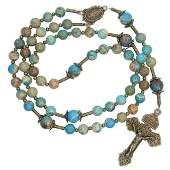 Intercession Handcrafted Blue Jasper Catholic Rosary with Bronze Crucifix – Vintage-Inspired Rosary Beads for Prayer, Meditation & Gift Giving (Virgin Mary - 8mm)