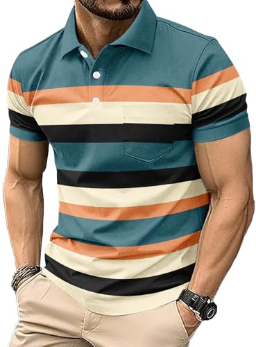 Men's Casual Polo Shirts Short Sleeve Fashion Golf Shirt Classic Striped Slim Fit T-Shirts (UK, Alpha, L, Regular, Regular, #1)