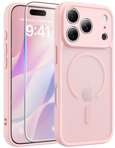 FNTCASE for iPhone 17 Pro Case: [Compatible with Magsafe] Translucent Matte Cases with [Full Camera Protection] [Screen Protector] Military Grade Shockproof Protective Phone Cover - Light Pink