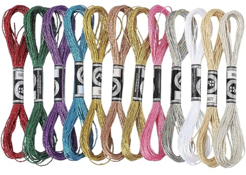 CABODYALS 12 Skins 12 färger metalliskt broderi floss korsstygn tråd glitter färgglad nålverk sträng polyester skidtrådar för att göra vänskap armband handgjorda dekor gör-det-själv hantverk