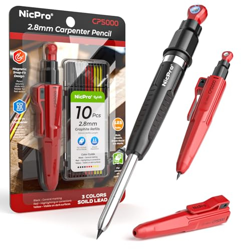 Nicpro CP5000 Magnetic Carpenter Pencils with Sharpener, 2.8mm Construction Pencil+10 Refill, Deep Hole Marking Pencils, Woodworking Pencil with Magnetic Pickup Tool, Carpenter Tools for Architect-Red