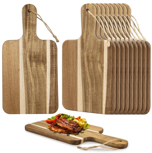 10 Pack Acacia Wood Chopping Boards, 30x15 cm Charcuterie Board with Handle | Wooden Cutting Serving Trays for Cheese, Bread, Pizza, Meat, Fruit, Parties, Restaurants and Personalised Gifts