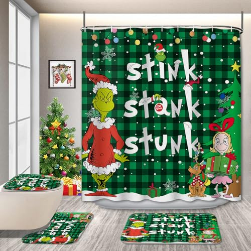 Divertente set da bagno natalizio con tenda da doccia e tappetini, decorazione natalizia verde a quadri con personaggi dei cartoni animati, set da 4 pezzi impermeabile con copriwater e tappetini