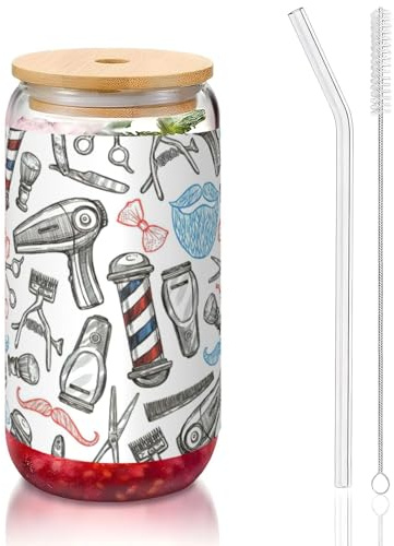 YBGHDAA Barber Shop - Vaso de vidrio con tapa y pajita, diseño monocromático, 1 unidad, ideal para whisky, cerveza, té