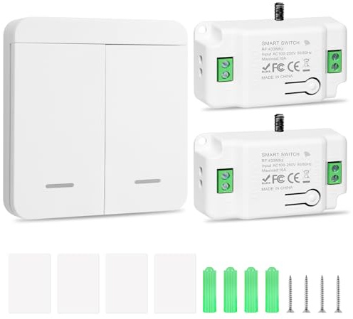 RDTOK Interrupteur sans fil, Interrupteur va et vient sans fil RF433, avec Récepteur, 10 A 230 V, Pour Lampes et Plafonniers, Installation facile, Contrôle multiple (2 récepteurs et 1 commutateur)