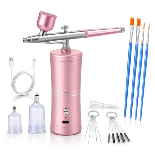 Uadme Wiederaufladbares Airbrush Set für Nägel, Kabelloses Airbrushpistole mit 0,4mm Düse, Tragbares Airbrush Set für Nageldesign, Make-up, Modellbau, Kunstmalerei & DIY Handwerk (Rosa) | Tragbare Airbrush wiederaufladbar für Make-up, Modellbau, Malerei, Dekoration von Kuchen, Nail Art, Tattoo