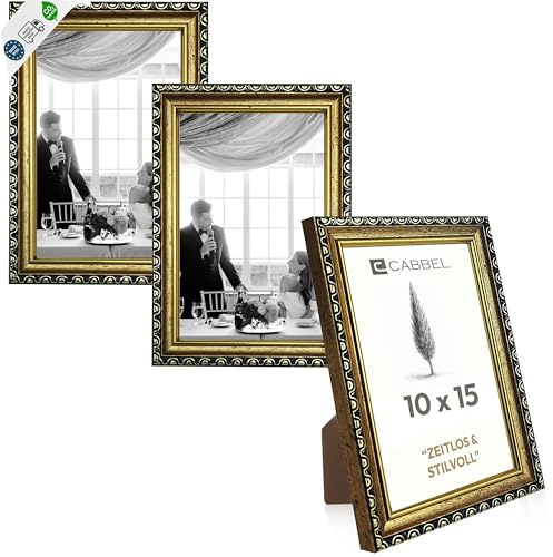 CABBEL Set med 3 gyllene CELI-fotoramar, 10 x 15 cm – vintage barockramar med okrossbart akrylglas, perfekt för foton och elegant väggdekoration