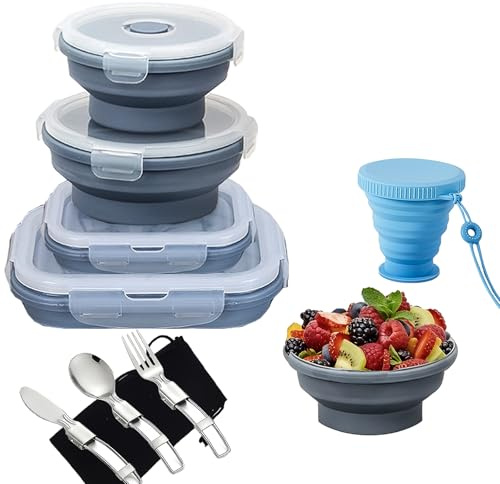 Collapsible Silicone Food Storage Containers - 4Pcs Round & Rectangular Bowls with Folding Cup, Cutlery Set & Lids, Stackable Clamshell Food Containers for Snack, Kitchen, Camping, Lunch, Traveling