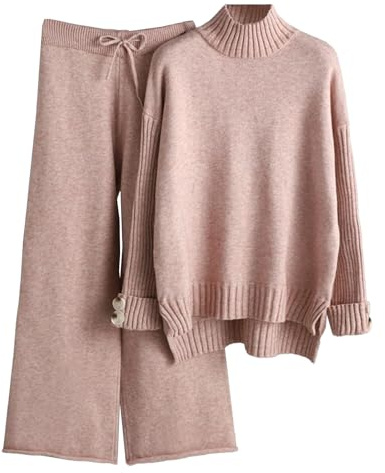 Conjuntos de Estar por casa para Mujer Petite: Jersey de Punto Manga Larga y pantalón Ancho, Estilo Deportivo. Moda 2025.