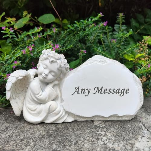 Pietre commemorative da giardino con angelo inciso con qualsiasi messaggio – Personalizzato Memorial Grave Markers Cimitero Pietre commemorative placche con statua di angelo, regali simbolici