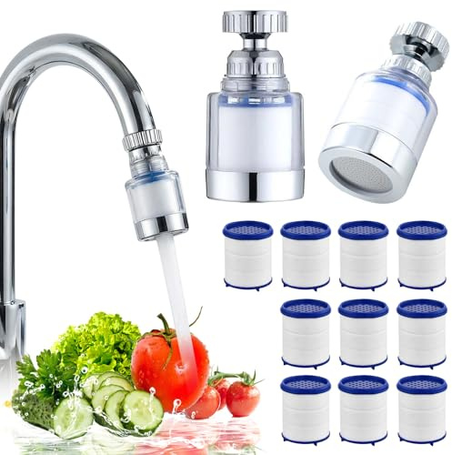 2 Pack Tap Water Filter for Taps, Hard Water Filter for Tap with 10 Replacement Cartridges, 360° Swivel Faucet Water Filter for Kitchen Sink & Bathroom, Water Purifier Removes Chlorine & Fluoride