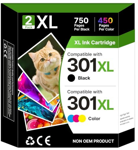 Gureef 301 Ink Cartridges XL Combo Pack Remanufactured for HP 301XL Ink Cartridges Black and Colour HP 301 XL for Envy 4500 5530 5532 4507 4502 DeskJet 2540 2544 OfficeJet 4630 Printer Ink（2-Pack）