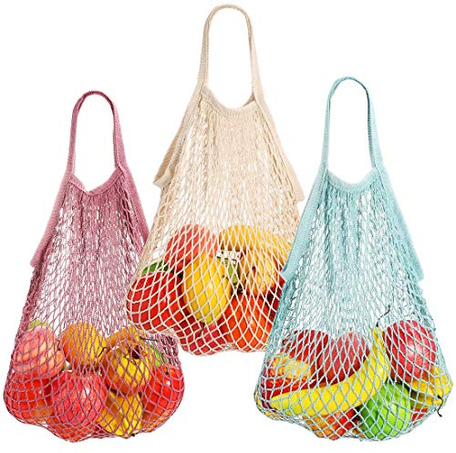TOTKEN – Lot de 3 sacs à provisions réutilisables en maille de coton bio pour produits d'épicerie, sac fourre-tout pour légumes, fruits, biens