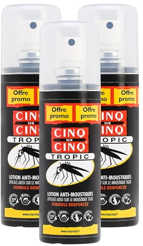 CINQ SUR CINQ | Tropic spray lotion anti-moustiques | Protection jusqu'à 14h | Efficace contre les moustiques tigres | Formule renforcée | Convient aux adultes & enfants dès 24 mois | Lot de 3x 100ml