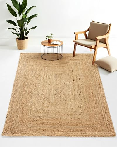 carpetfine Juteteppich Nele Beige handgewebt aus Jute 140x200 cm | Moderner Naturfaserteppich im Boho Style für Wohnzimmer, Küche und im Flur