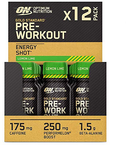 Optimum Nutrition Gold Standard Pre-Workout Energy Shot, Ready to Drink Food Supplement with Beta Alanine, Caffeine, PerforMelon Boost and Vitamin B6 and B12, Lemon Lime Flavour, 12-Pack, 12 x 60 ml