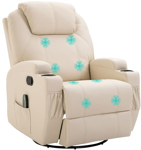 HOMCOM Relaxsessel Massagesessel mit Liegefunktion Vibration Cremeweiß | Fernsehsessel, Fußteil, Seitentasche, TV Sessel, Liegesessel, Ruhesessel, für Wohnzimmer