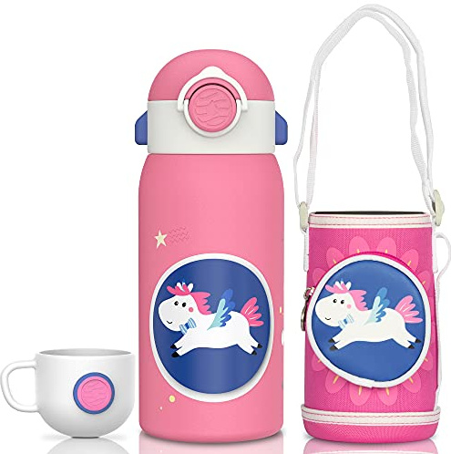 Fjbottle Borraccia Termica per bambini con cannuccia 600ml + 2 Tappo + Zaino, 100% senza BPA Borraccia acciaio inox, bottiglia da viaggio per scuola, campeggio