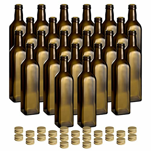 gouveo 24er Set Glasflasche 500 ml (0,50 l) Glasflasche 500 ml Maraska Schraubverschluss PP 31,5 goldfarben, dunkelgrün eckig, Lichtschutzglas, leere Flaschen zum Abfüllen & Aufbewahren (MFEA500G)
