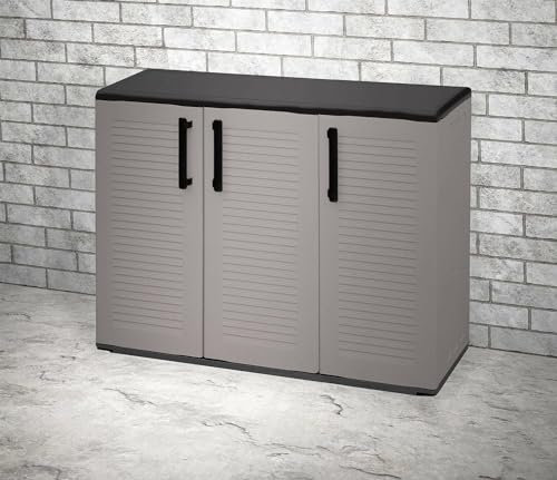 Dmora - Armadio da esterno Gesves, Mobile balcone multiuso, Armadietto outdoor 3 ante, 100% Made in Italy, 102x37h84 cm, Grigio e Nero, Finitura righe