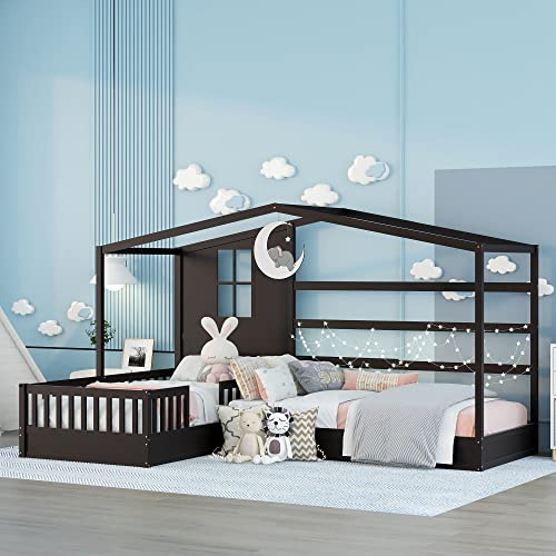 House Bed with Double Twin Beds, Wood L-Shaped 2 Twin Platform Beds with Roof ,Window,Fence and Slatted Design, Corner Playhouse Bed Frame ,Montessori Bed for Kids Girls Boys ,Espresso