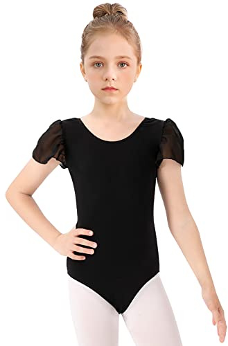 Bezioner Justaucorps Danse Fille,Justaucorps de Gymnastique Filles Manche Bouffante Vêtements de Ballet Danse Classique pour Enfant Noir 120