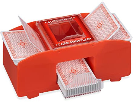 Relaxdays Kartenmischmaschine elektrisch, 2 Decks, Automatischer Kartenmischer, Spielkarten bis 91 mm, Kunststoff, rot