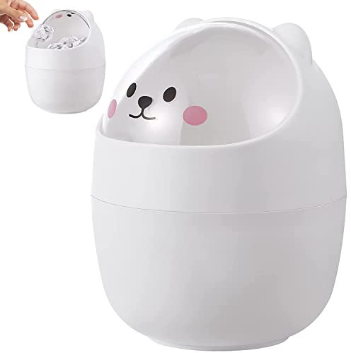 AISAL Mini Pattumiera da Tavolo Con Coperchio Basculante, Simpatico cestino da scrivania Cartone animato piccolo orso gatto tavolo pattumiera Per il bagno del bagno del bagno in cucina, bianco