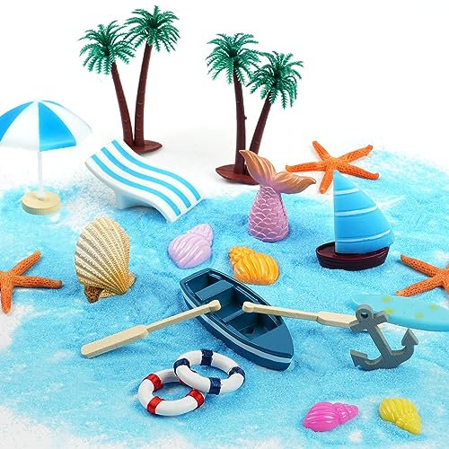OFFCUP DIY Micro Beach Landscape 27pcs Miniature with Chair, Parasol, Coconut Tree, Surfboard, Sloop, Sea Shell for Dollhouse Decoration