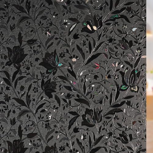 rabbitgoo Fensterfolie Blickdicht Selbsthaftend Sichtschutzfolie Schwarz Verdunklungsfolie Fenster Anti-UV Sonnenschutzfolie für Schlafzimmer Badzimmer Statisch Haftend Blumen Tulpe 44,5x300cm