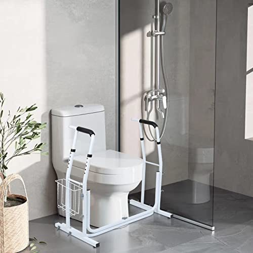 Cecaylie Höhenverstellbar Aufstehhilfe Toilette, Mobile WC Aufstehhilfe mit Ablagekorb, WC Toiletten Aufstehhilfe Rutschfeste Toilettenstützgestell für Senioren, Belastbar bis 136kg