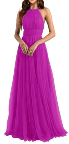 Vestidos de dama de honor halter para mujer, vestidos largos de tul acampanados plisados formales para boda, fucsia, 48