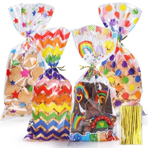 Bigqin 100 Stück Zellophantüten, 27 x 12,5 cm Süßigkeiten Tüten Transparent Geschenktüten Plastik Verpackungstüten mit 120 Twist Krawatten für Partyzubehör - 4 geometrische Muster