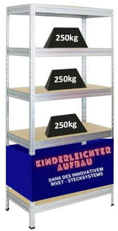 PROREGAL Schwerlastregal Rivet HxBxT 180x90x45cm Fachlast 250kg, Innovatives Stecksystem, Verzinkt, Garagenregal, Lagerregal, Steckregal, Stahl, Kellerregal