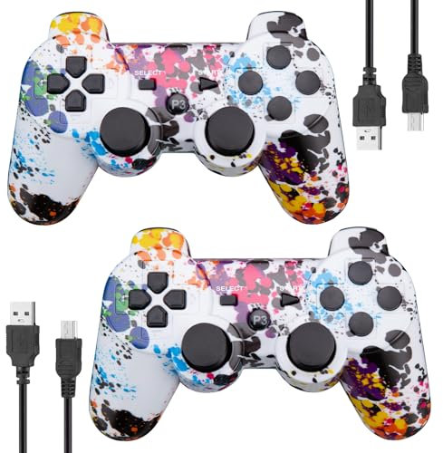 Powerextra 2 Pack PS3 Manette sans Fil Bluetooth Manette Haute Performance pour Console de Jeu Playstation 3 pour Double Shock avec Câble de Recharge(gribouiller)