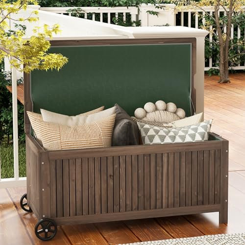 GIANTEX Gartenbox Holz Wetterfest 213 L, Auflagenbox Kissenbox mit Innentasche, Aufbewahrungsbox mit Rädern, Kissentruhe Gartentruhe mit Deckel & Griff, Garten Holztruhe 114 x 58,5 x 51 cm