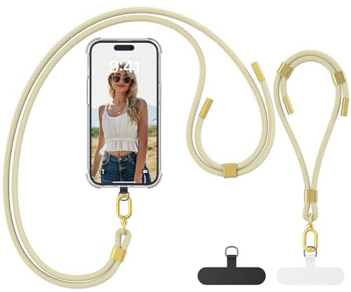 caslord Handyband Universal für alle Smartphones, Kette zum Umhängen um Hals & Handgelenk, mit 2 Einstellbar Schlüsselband Kette und 2 Universelles Pad, Handyband für alle Standard Handyhülle - Gold