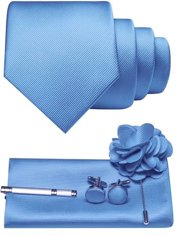 JEMYGINS Corbata de sarga para hombre con diseño monocolor, incluye pañuelo de bolsillo, gemelos, pinza de corbata y broche de flores, set de regalo para fiestas, negocios, bodas, azul claro, M