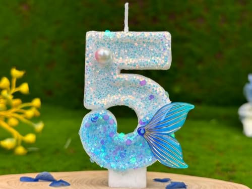 HUATEEN Candele Numeriche a Tema Sirena,Candele di Compleanno con Numeri 5 Candele per Cupcake Blu Metallizzato e Argento Topper per Torte di Compleanno & Cupcake (Adulti/Bambini)