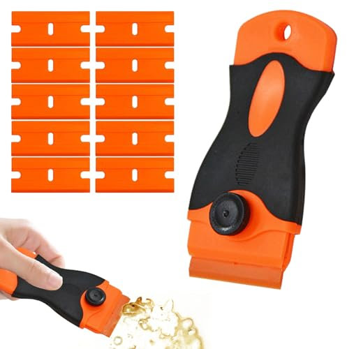 Plastic Scraper with 10 Plastic Razor Blade,Paint Scraper Tool,Window Scraper with Blades,Plastic Scraper Tool Non Scratch for Remove Glass Window Car Paint Sticker Glue,Glass Scraper,Scraper Blades