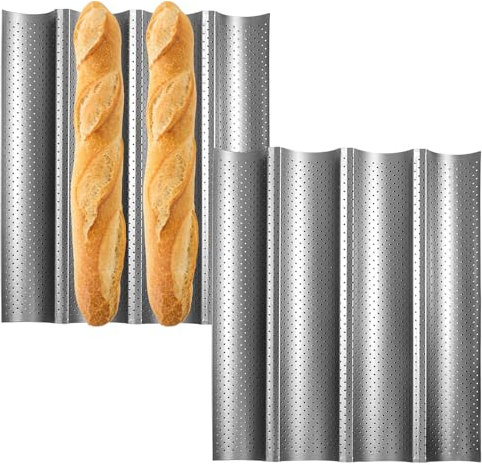 Pasdrucn 2 piezas molde pan hornear accesorios para hornear moldes para baguette con revestimiento antiadherente, bandeja para hornear baguette con revestimiento antiadherente para 4 baguettes (plata)