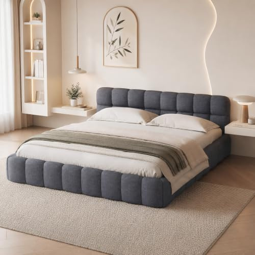 YGHQAP Polsterbett Bubble Bett 140x200, Doppelbett Polsterbett 140x200 Grau, Jugendbett Flachbett Gästebett Bettgestell Mit Lattenrost Und Kopfteil, Leinen, Ohne Matratze (Grau, 140x200cm)