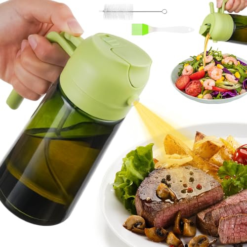 AMFUN 16oz/470ml Olive Oil Spray Bottle,2 in 1 Olive Oils Dispenser Bottle,Light-Blocking Dark Oil Sprayer for Cooking,Air Fryer,BBQ,Kitchen Use,Light Blockage (Green)
